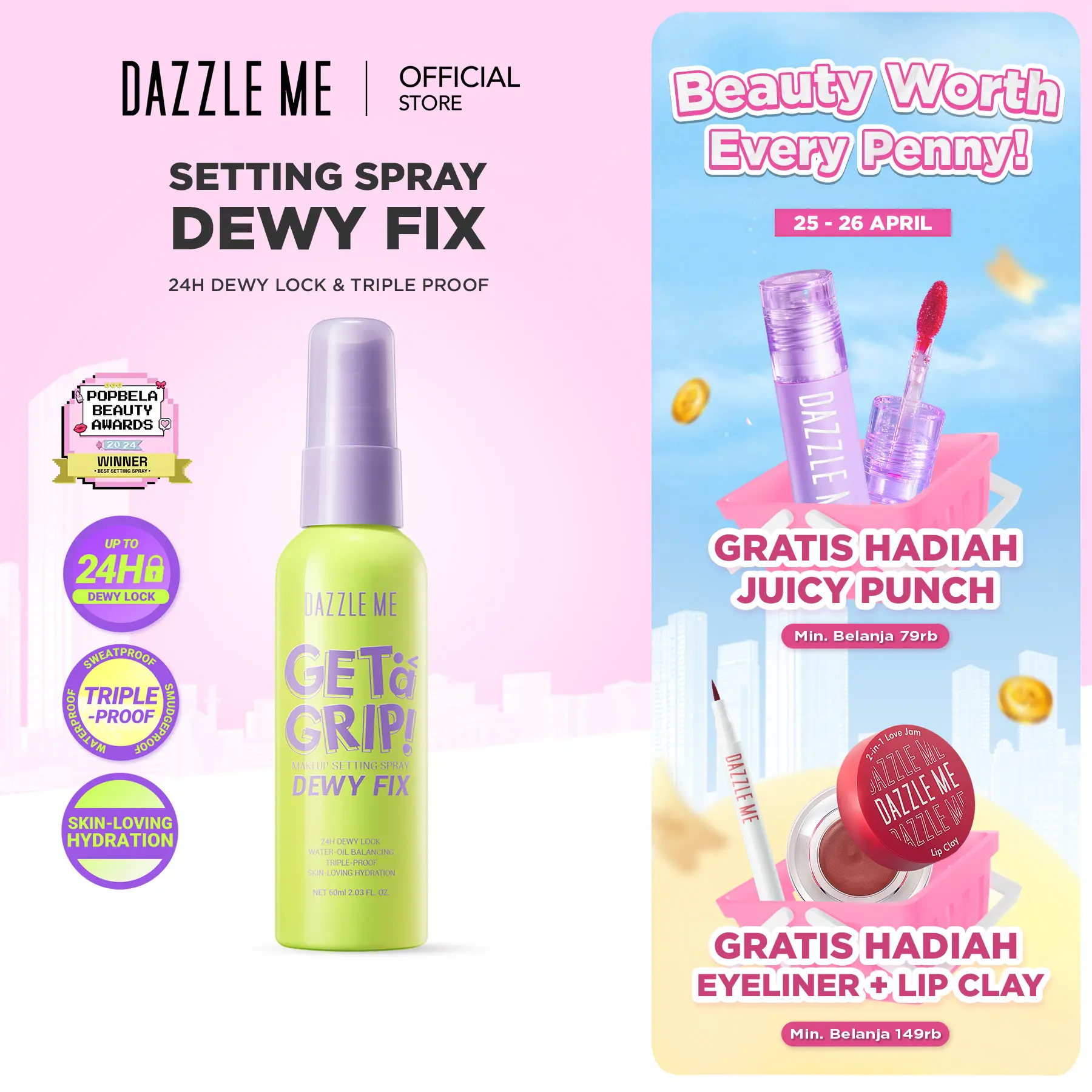 [POPBELA Best Setting Spray 2024 Winner] DAZZLE ME Get a Grip! Makeup Setting Spray Dewy Fix Beauty Protecting 4 X Hydrating Makeup Mist Flawless Lightening Primer Water Tahan 24 JAM