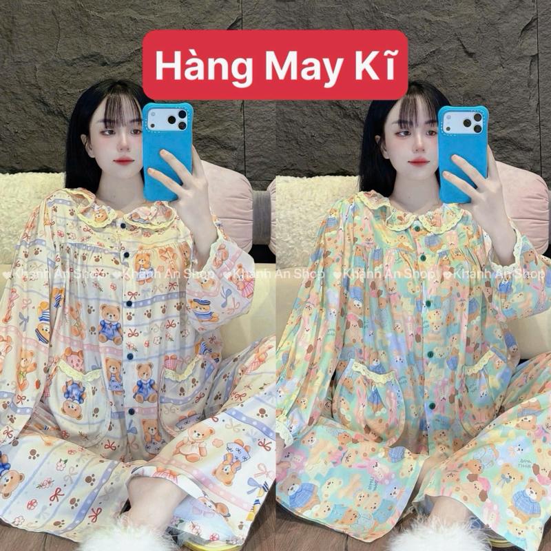 KA107 Bộ Đồ Ngủ Nữ Vải Tole Lanh Áo Cổ Tròn Phối Bèo Tay Dài Họa Tiết Dễ Thương Mặc Nhà nhiều màu sắc Size 40-75kg