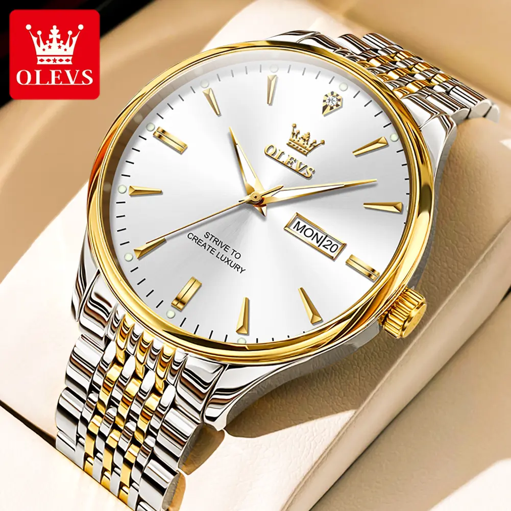 OLEVS Diamond-Point Stainless Steel Band Men's Quartz Watch | Dual Calendar Display | 30M Water Resistance + Luminous Hands | Minimalist Business Style Model 2929