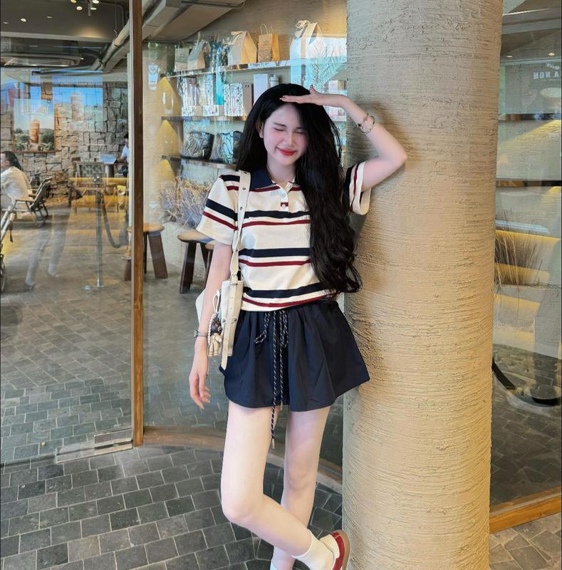 Set Áo Kẻ Ngang Polo Ngắn Tay Chân Váy Ngắn Dây Rút Top Nữ By