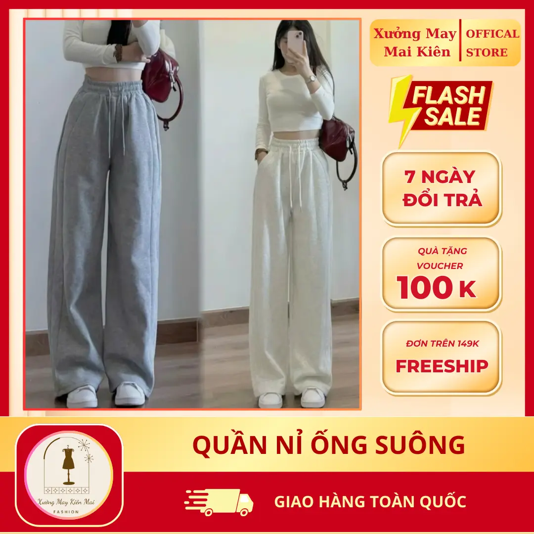 Quần nỉ lông ống suông lưng cao cạp chun nữ - Women, Nhung, Ong