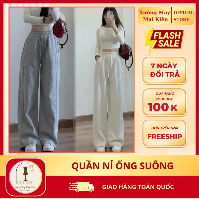 Quần nỉ lông ống suông lưng cao cạp chun nữ - Women, Nhung, Ong 0