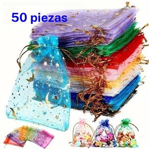 50pcs Bolsas de Organza con Cordón de Luna y Estrella, Bolsas para Regalos de Boda, Bolsas para Dulces de Festividades, Suministros para Navidad y Día de San Valentín