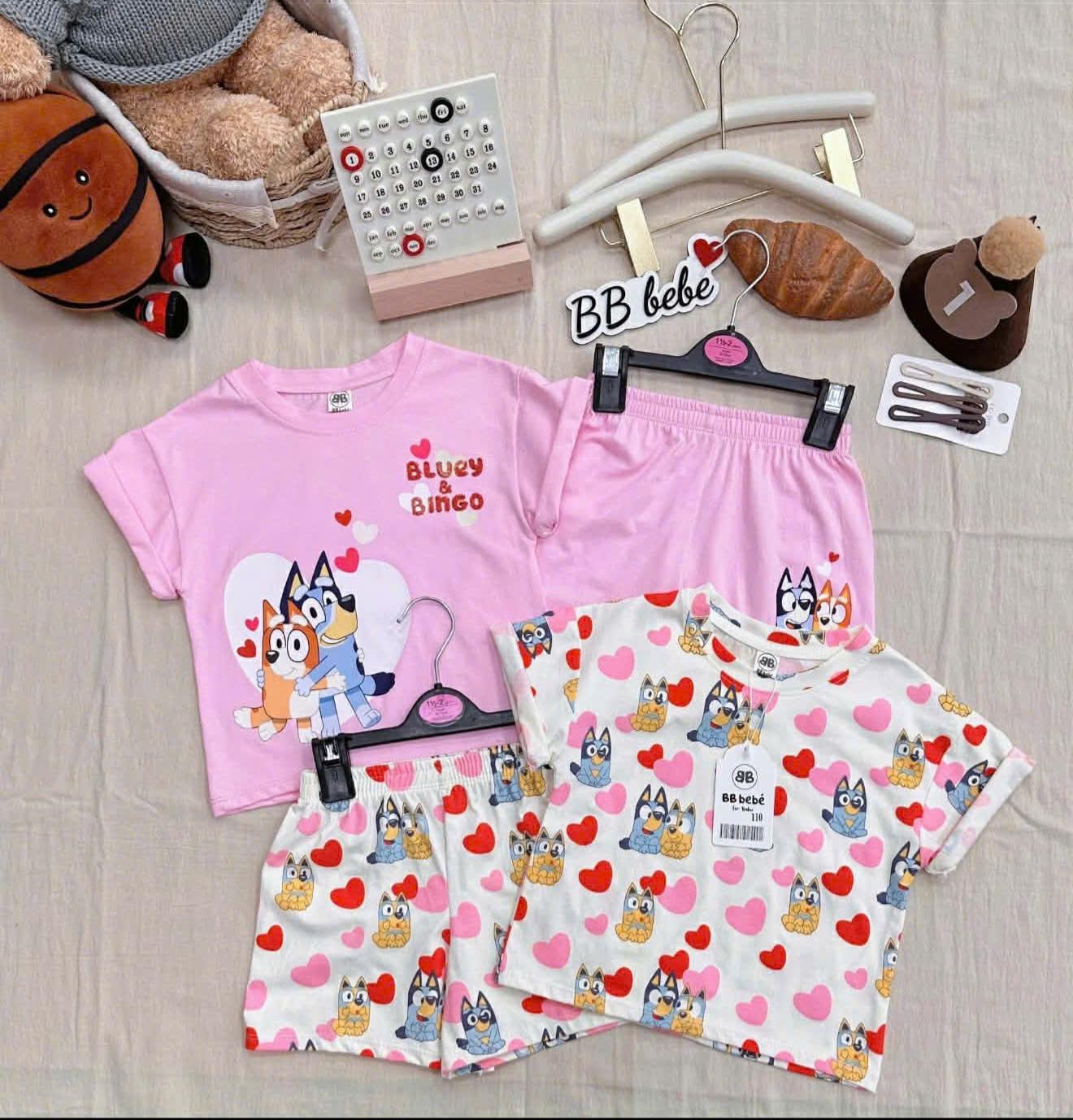 AH Set bộ xu 4 chiều mẫu BINGO cho bé gái sz 9 - 37kg tay ngắn 2 màu hồng,. trắng chất mát cho bé