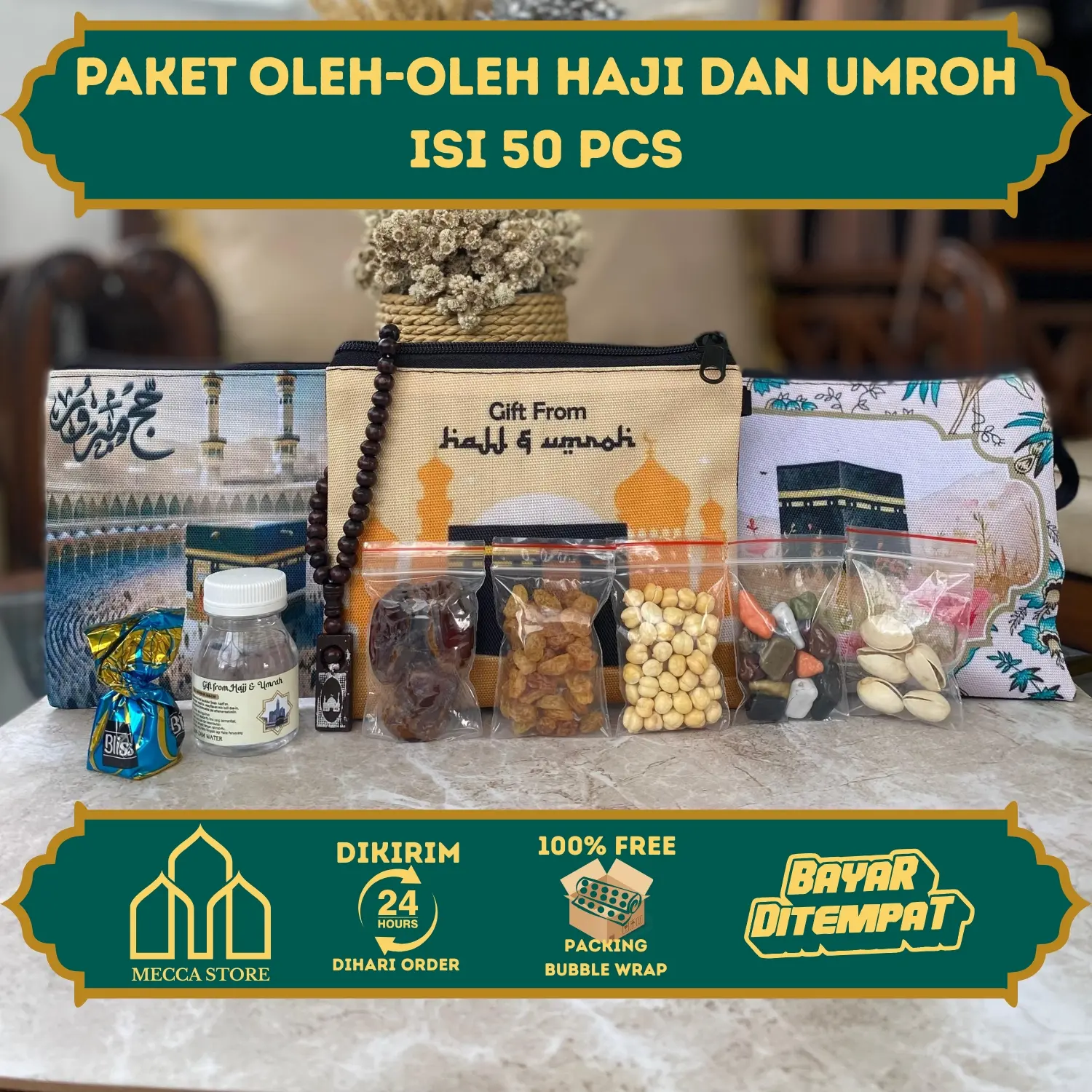 Paket 50pcs Oleh-oleh Haji dan Umroh Dompet Pouch Lengkap isi Air Zamzam dan Tasbih