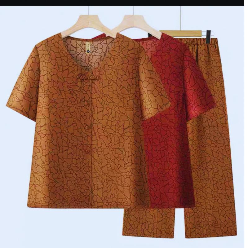 Đồ bộ trung niên cho mẹ mặc nhà, vải Lụa Pháp trung niên nữ họa tiết, quần dài ống rộng . HT52