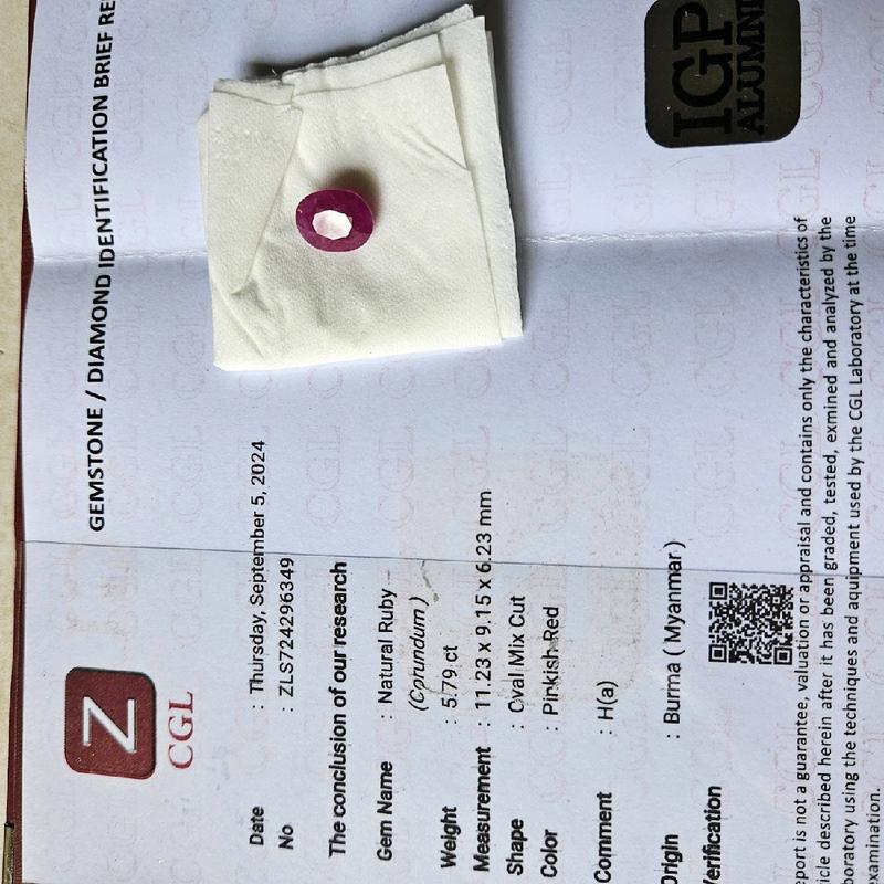 NATURAL RUBY BURMA 5.79crt 2