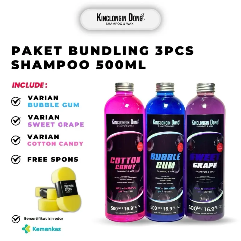 Paket Bundling 3pcs Shampoo & Wax Kinclongin Dong 500ml All Varian Aroma (Free Spons) - Ph 7 Netral Car