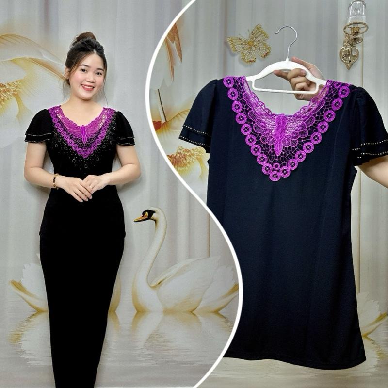 Hải Sơn Women - A89 Đồ Bộ Thun Nữ Trung Niên Cổ Ren Cặp Trước Sau Chất Liệu Vải Solen Hàn Cao Cấp