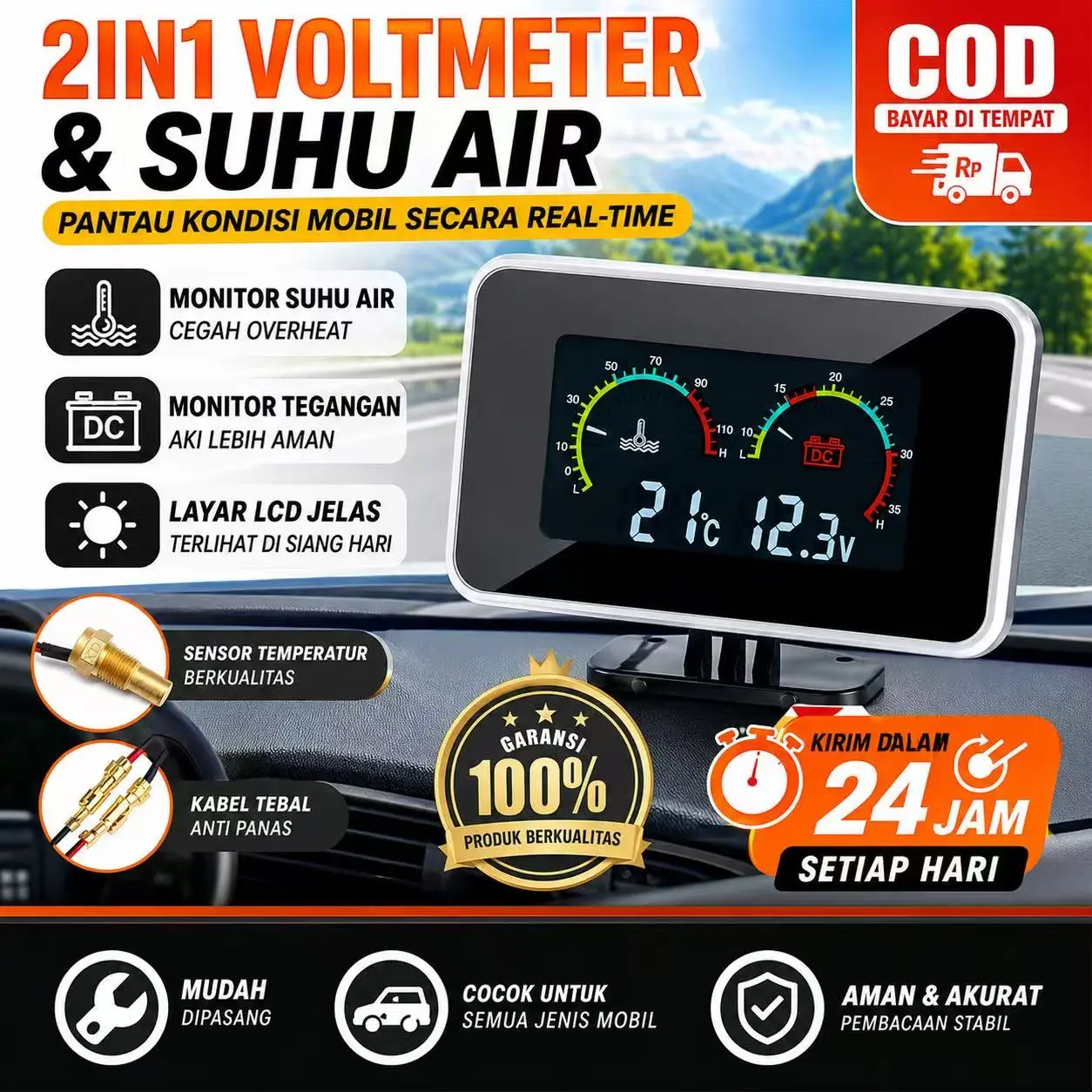 2in1 LCD Digital Pengukur Temperatur Air Voltmeter Tekanan Udara/12V 24V 2in1 LCD Car Digital Display Gauge Voltage Pressure Water Temp Meter with Buzzer Alarm M10/LCD WATER 2in1 LCD Digital Pengukur Temperatur Air type 237E DC 10-33V