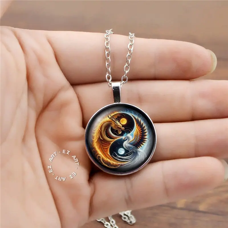 Kalung Liontin Yin Yang Art Kaca Cembung Tali Kulit Rantai Stainless Steel 3