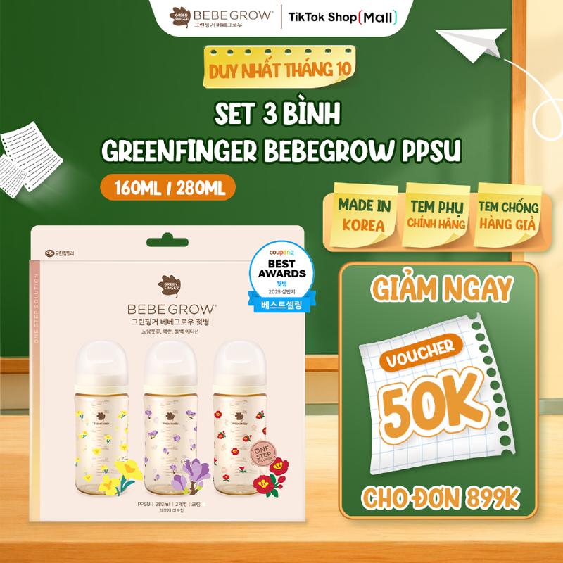 [Live][Hộp 3 Bình PPSU] Đồ dùng cho bé Bình Greenfinger Bebegrow nhựa PPSU an toàn, chịu nhiệt tốt 280ml