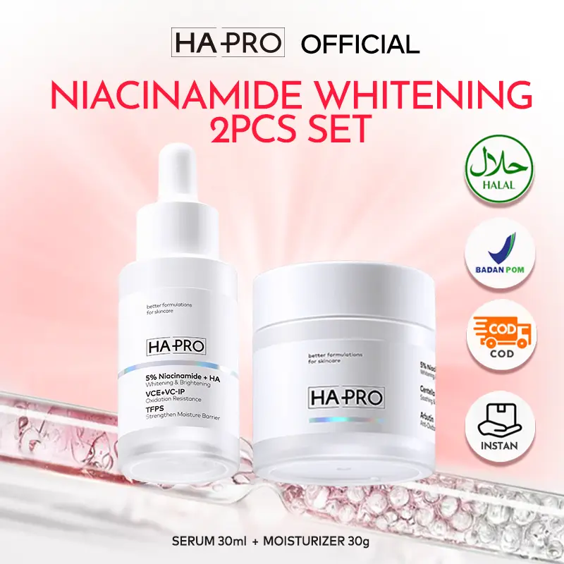 HA PRO Niacinamide Glowing 2pcs Skincare Paket Moisturizer Serum Bunding Set Whitening Cream Essence Set Skincare Bundle Paket Skincare Pencerah Wajah with Hyaluronic Acid  & Vit C Arbutin Mencerahkan  Pelembab 1