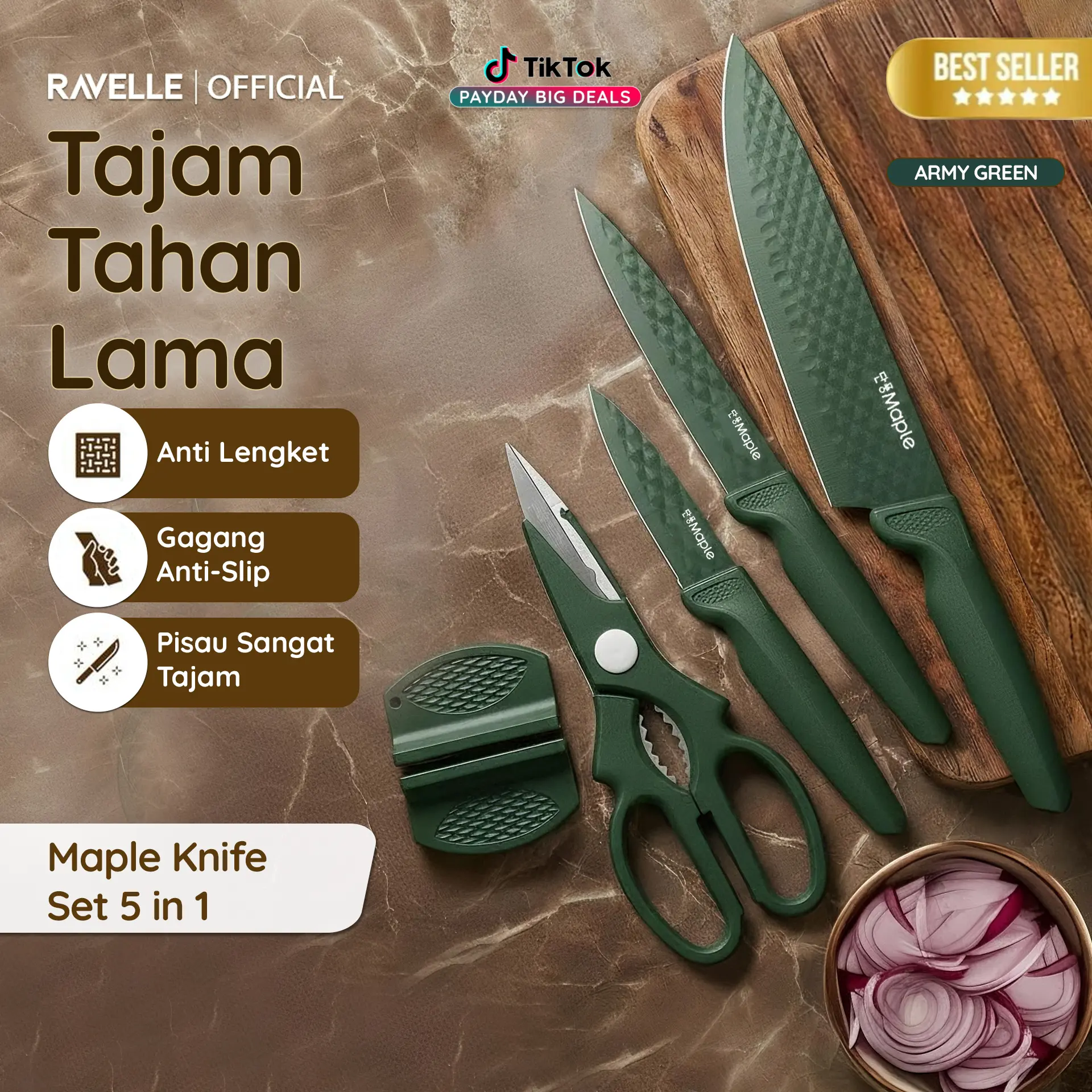 Ravelle Maple Sparkle Knife Set 5in1 - Set Pisau Dapur Stainless Steel Anti Lengket + Gunting