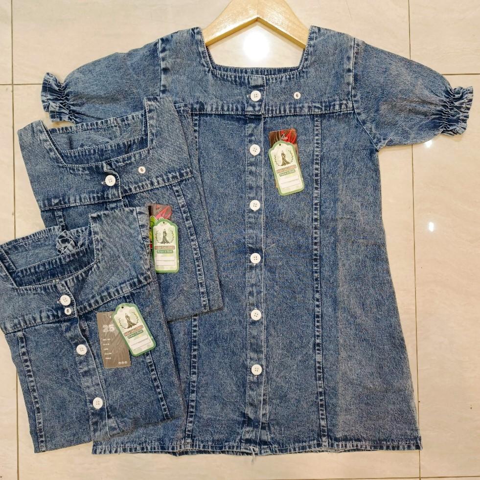 DRESS JEANS ANAK WARNA DENIM UMUR 7-11 TAHUN LENGAN PENDEK LENGAN BALLON/BAJU ANAK/DRESS ANAK/ATASAN ANAK/BAJU BAHAN JEANS