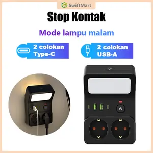 Stop kontak colokan listrik / 2 Lubang+2 USB+2 Tipe-C Fast charging Daya With Lampu