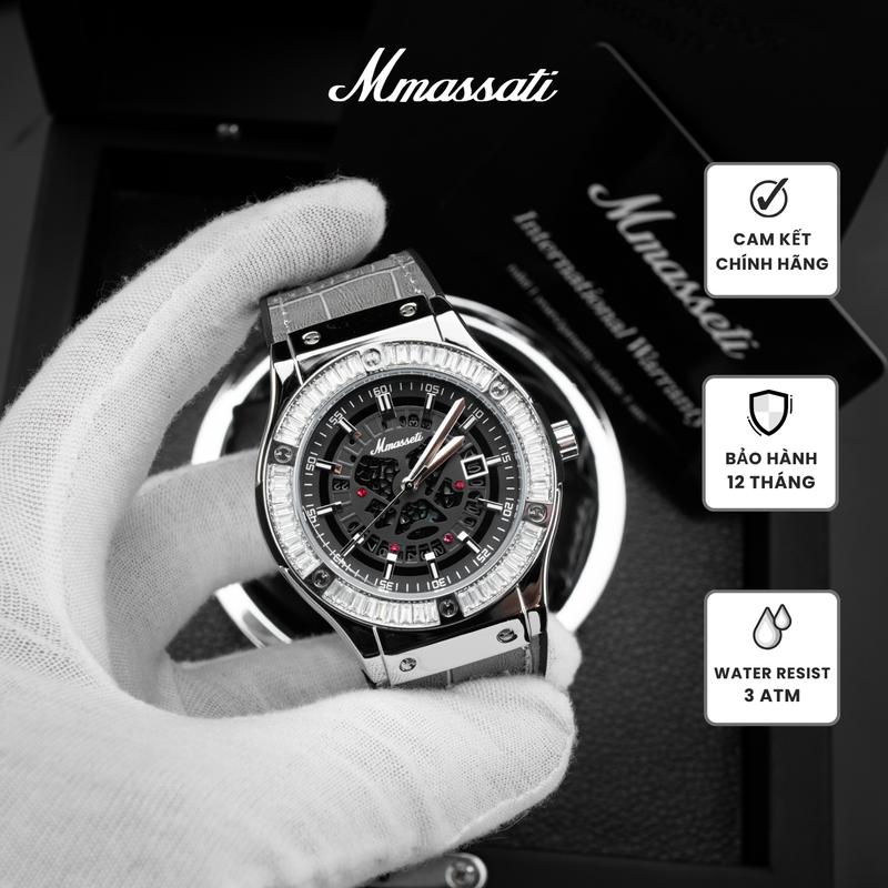 N218 [ AFF ] - Đồng Hồ Mmassati – Máy Pin Quartz, Lộ Lịch Ngày Sang Trọng, Viền Đá Cao Cấp, Dây Cao Su