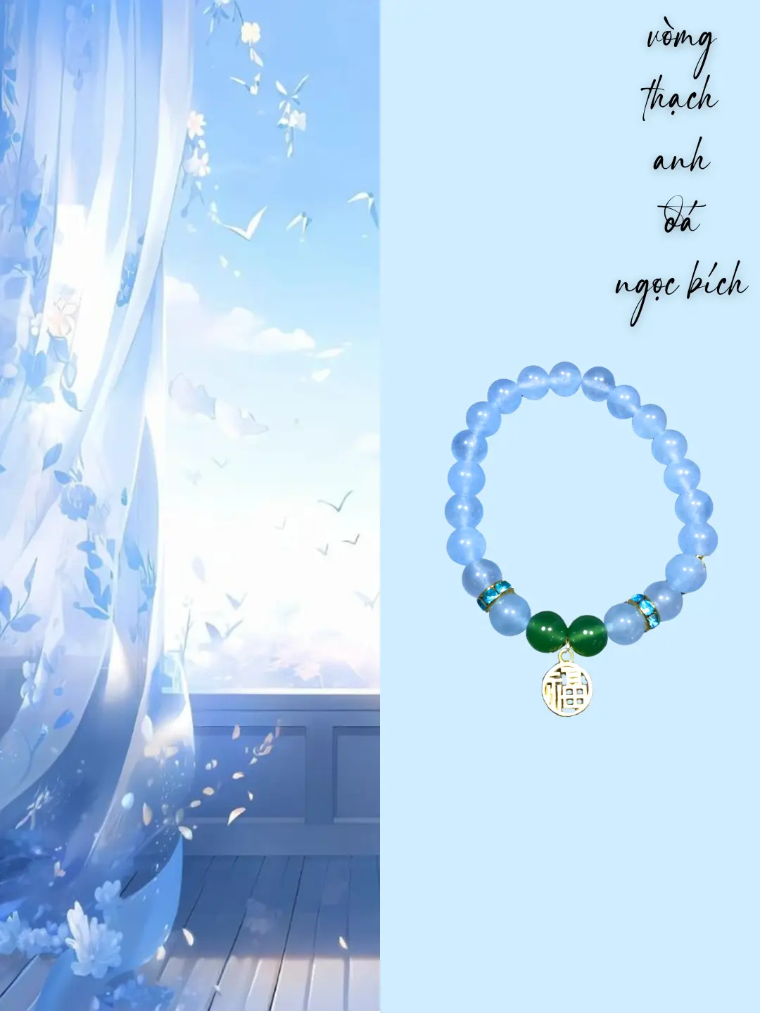 [Deal trên live] Vòng tay đá thạch anh xanh dương kèm đá mã não và charm chữ phúc phù hợp cho nữ