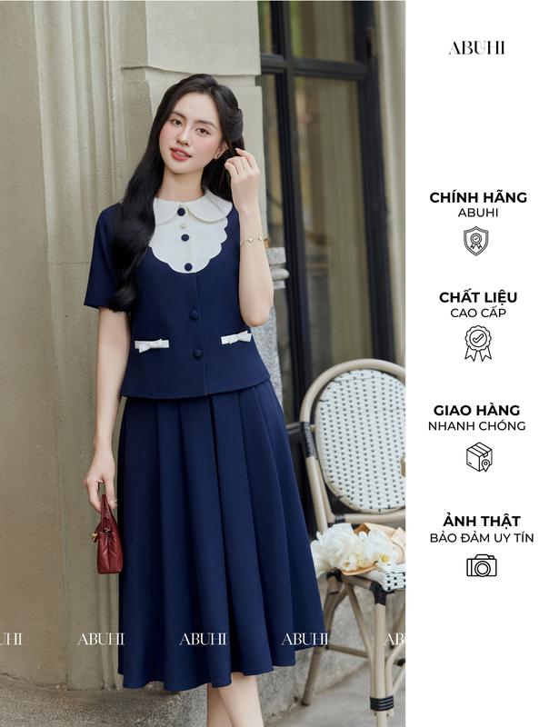 Set Sapphire - Áo Kiểu Nữ Phối Chân Váy Xoè - Thiết Kế Công Sở Sang Trọng Abuhi