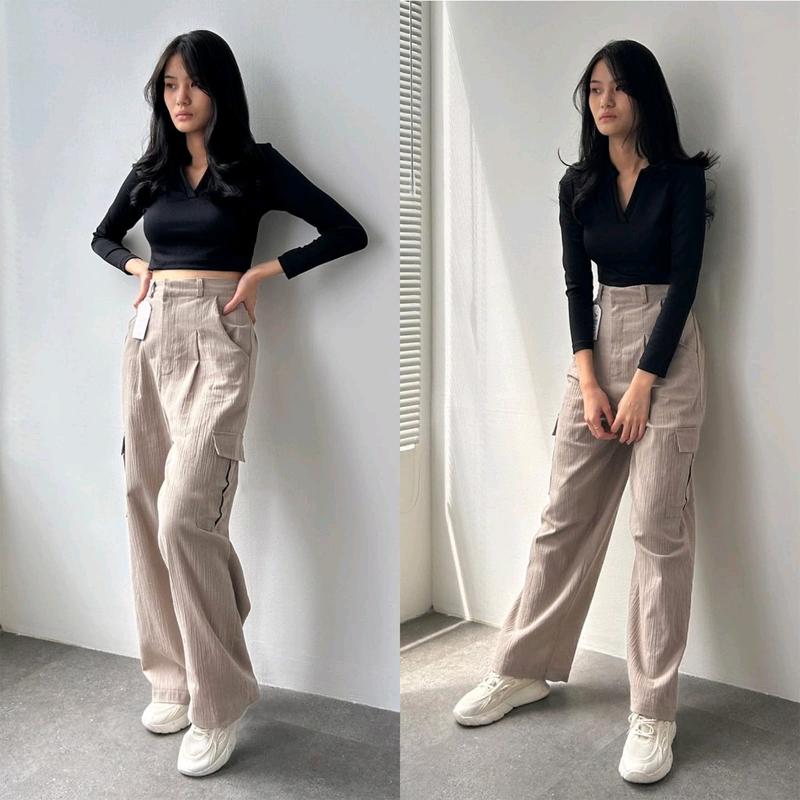 (TERMURAH CARGO)- Celana Cargo Highwaist Loose Linen Cringkle Celana Cargo Wanita Kulot Cargo Highwaist Wanita Kekinian 4