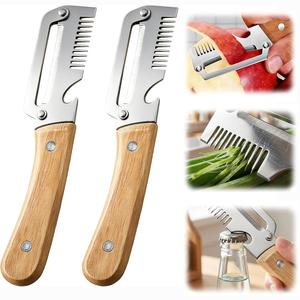 Pelador de verduras 3 en 1 de acero inoxidable con mango de madera: pela, corta y abre botellas; diseño compacto y portátil para uso en la cocina y viajes