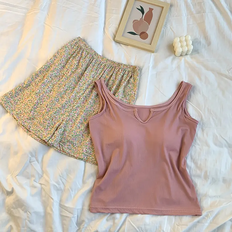 20% OFF First 30 Orders Nightwear 1 Set Sweet and Cute Pajamas Suit for Women Pink with Chest Pad Sleeveless Suspenders Top Floral Shorts Breathable and Comfortable Two-piece Home Loungewear