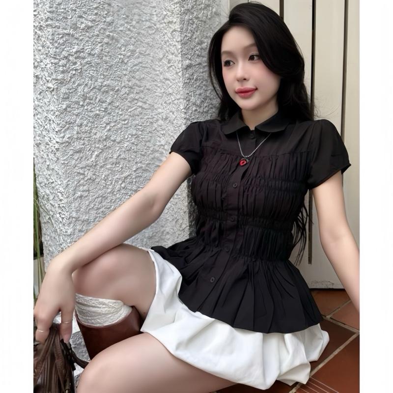 Áo Sơ Mi Tay Phồng Nhún Eo Cổ Sen Vải Cotton Mềm Mát_Có bigsize