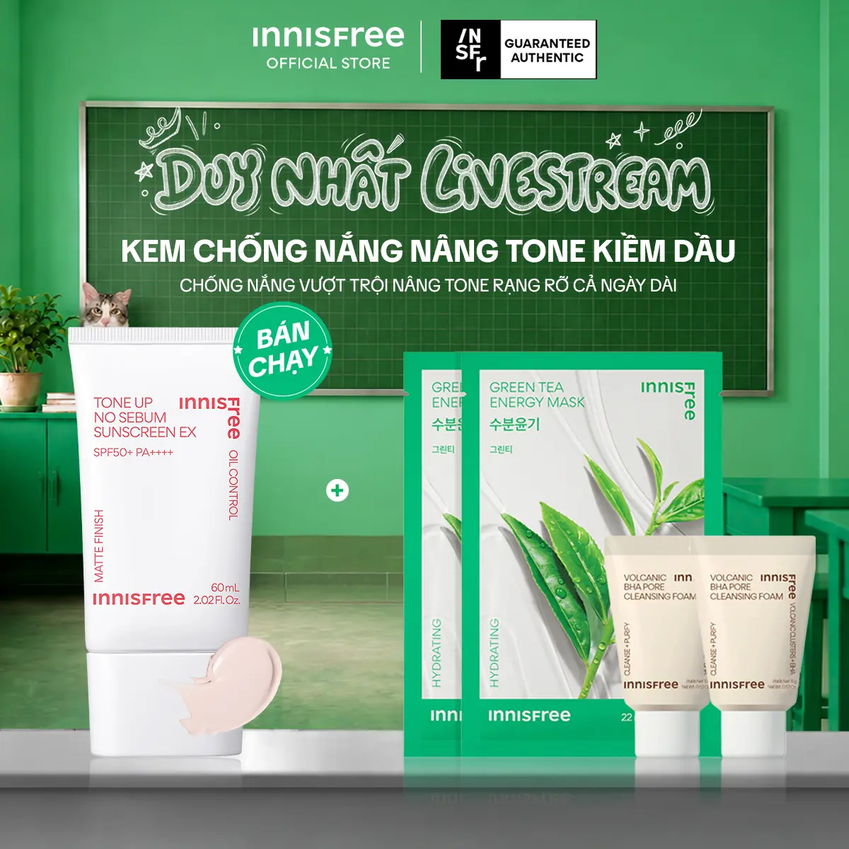 Innisfree x Hannah - Kem chống nắng nâng tông kiềm dầu INNISFREE Tone Up No Sebum EX SPF50+ PA++++ 60mL