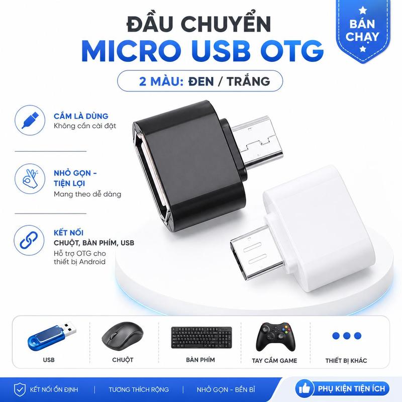 Cáp OTG Mini, Bộ Chuyển Đổi OTG USB, Bộ Chuyển Đổi Micro USB sang USB, Tương Thích Với Máy Tính Bảng, Android, Samsung, Xiaomi, HTC, SONY, LG Giá Tốt Tiện Dụng