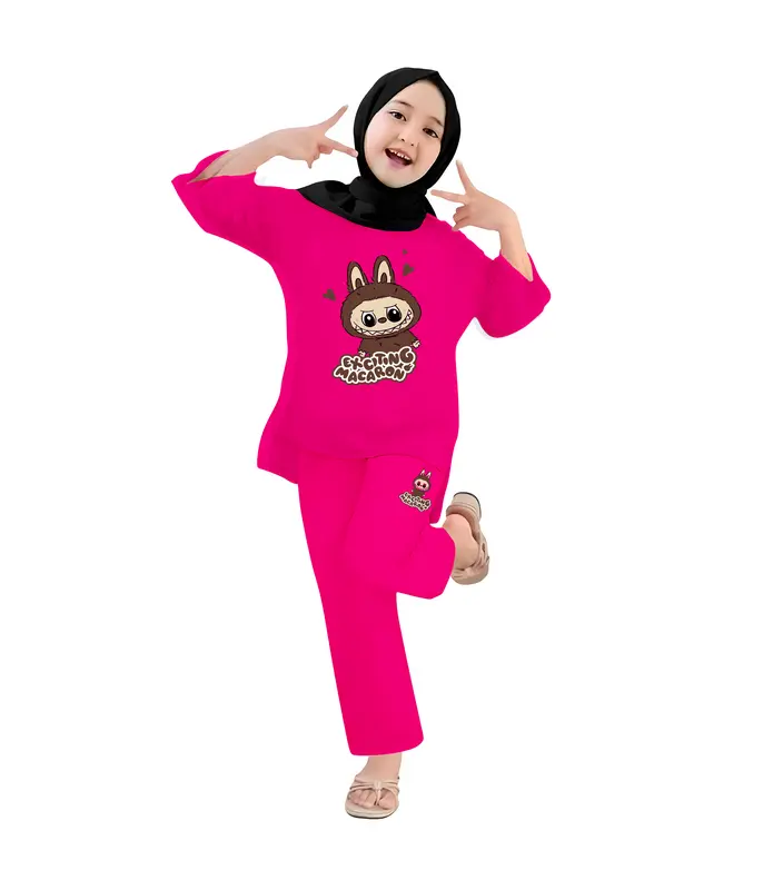 Baju Anak Perempuan - Setelan Kaos dan Celana Panjang Anak Cewek Fashion Pakaian Belah Usia 4-13 Tahun - Motif EXCITING LABUBU Hitam 4