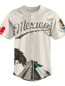 Camiseta de béisbol “Mexican Hot” con botones y acentos verdes, blancos y rojos. Ideal para el clima caluroso de México.