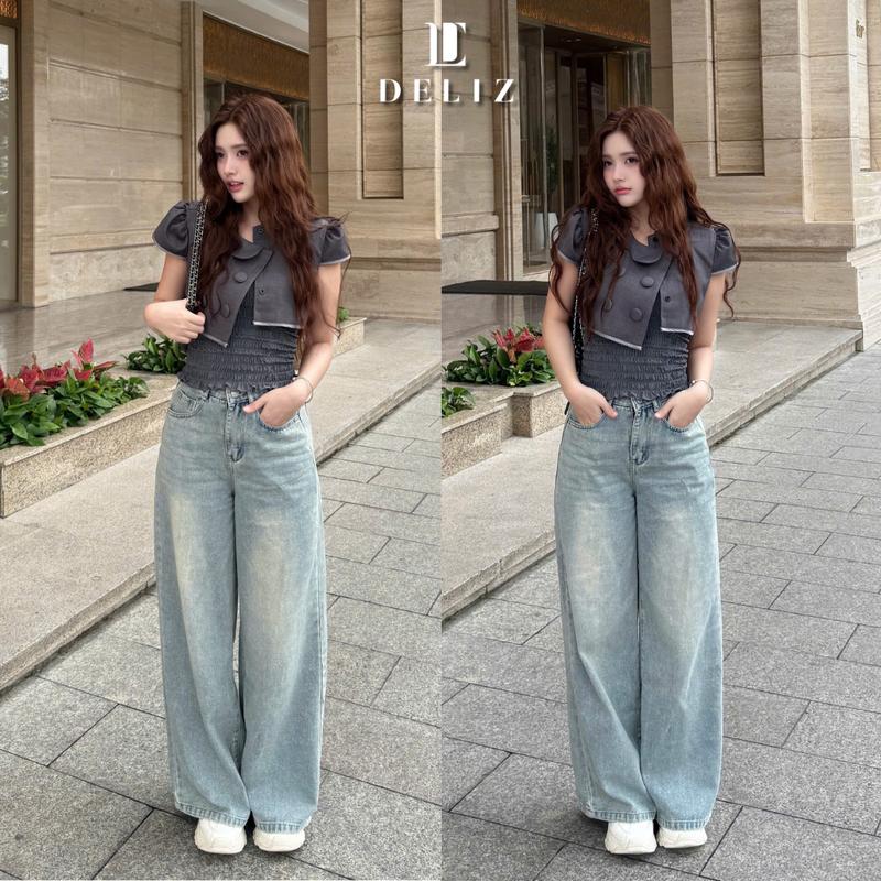 DELIZ - Quần jean nữ ống rộng chất liệu jean denim cạp cao tôn dáng J412