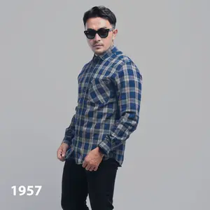 PAKAJI Kemeja Flanel Pria Lengan Panjang Biru Garis Abu Kemeja Pria Flanel Pria Kemeja Panjang 001 C