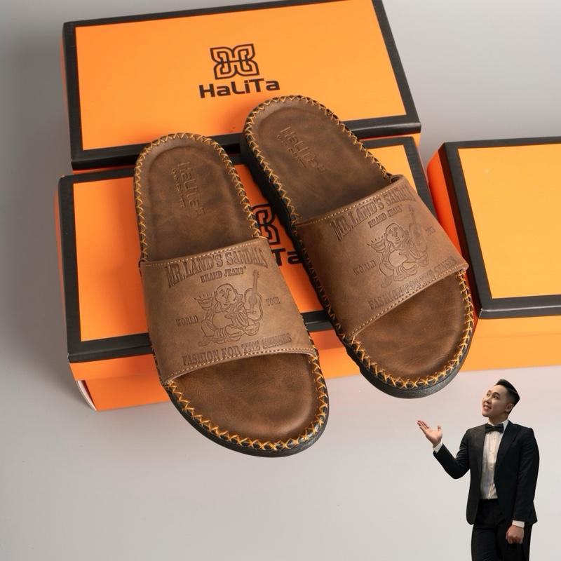 HaLiTa - Dép Nam Đẹp Đi Mưa dập vân nổi Địa Da Bò Sáp chống thấm nước Đế Nhẹ Có Răng Cưa Chống Trơn Trượt Mặt da êm chân khâu chỉ viền xung quanh. DéP Nam Đế Bằng.
