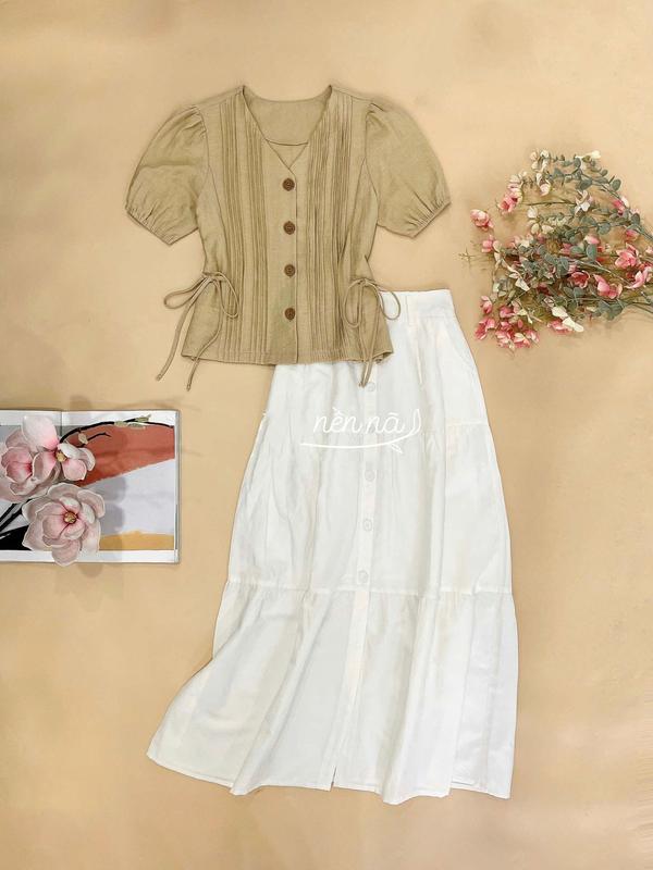 Sét Áo Ngắn Tay Áo Cộc Tay Kèm Chân Váy Trắng Nữ Áo Chất Đũi Dài Qua Gối Váy Dáng Suông Nữ,Đi Biển Đi Chơi Du Lịch S1169