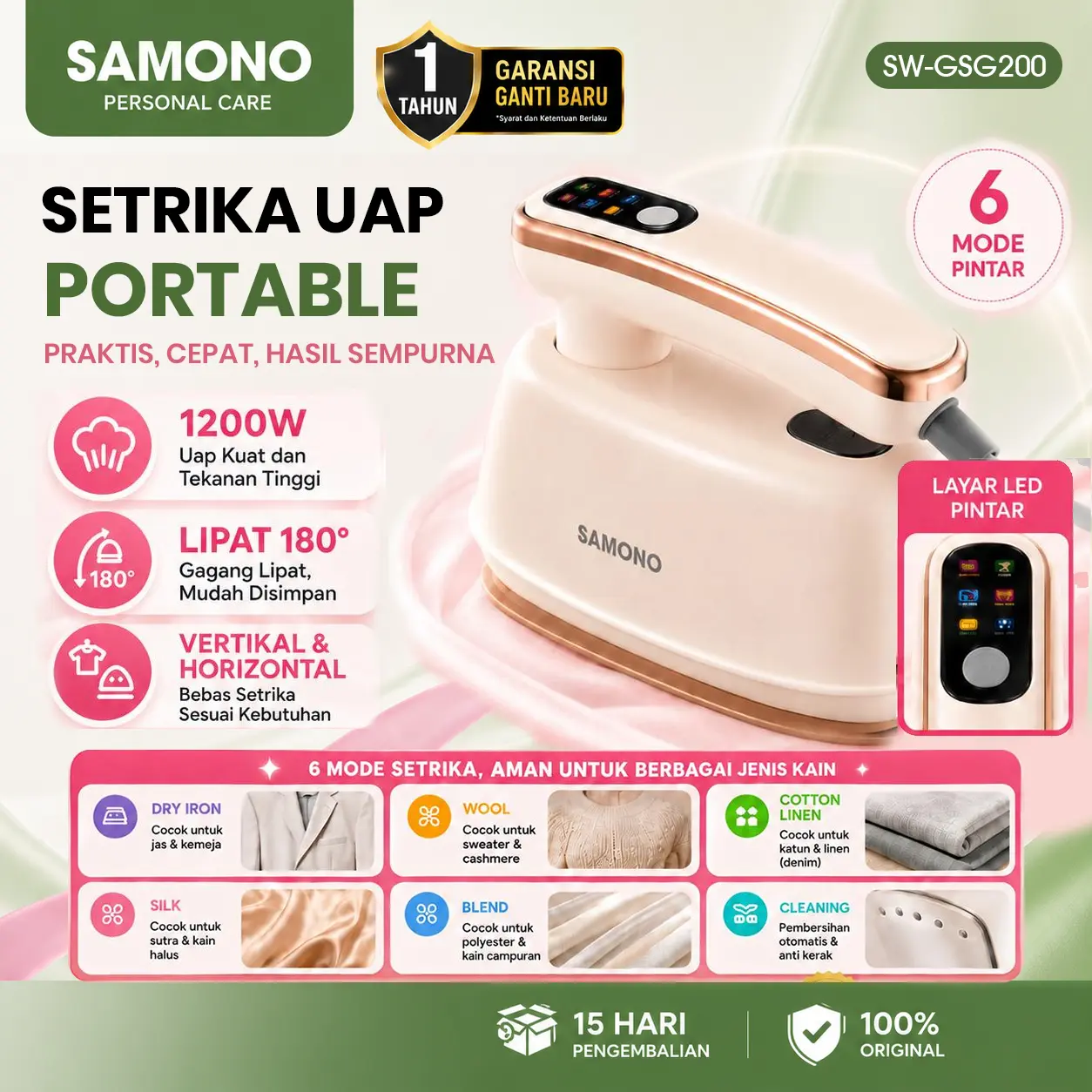 [BISA COD] SAMONO SW-GSG200 Setrika Uap Portable Garment Steamer 1200W LED 6 Mode Setrika Gantung Setrika Biasa Gagang Lipat 200ml Pelat Keramik Anti Lengket Baju Kemeja Jas Hijab Traveling Garansi Resmi 1 Tahun