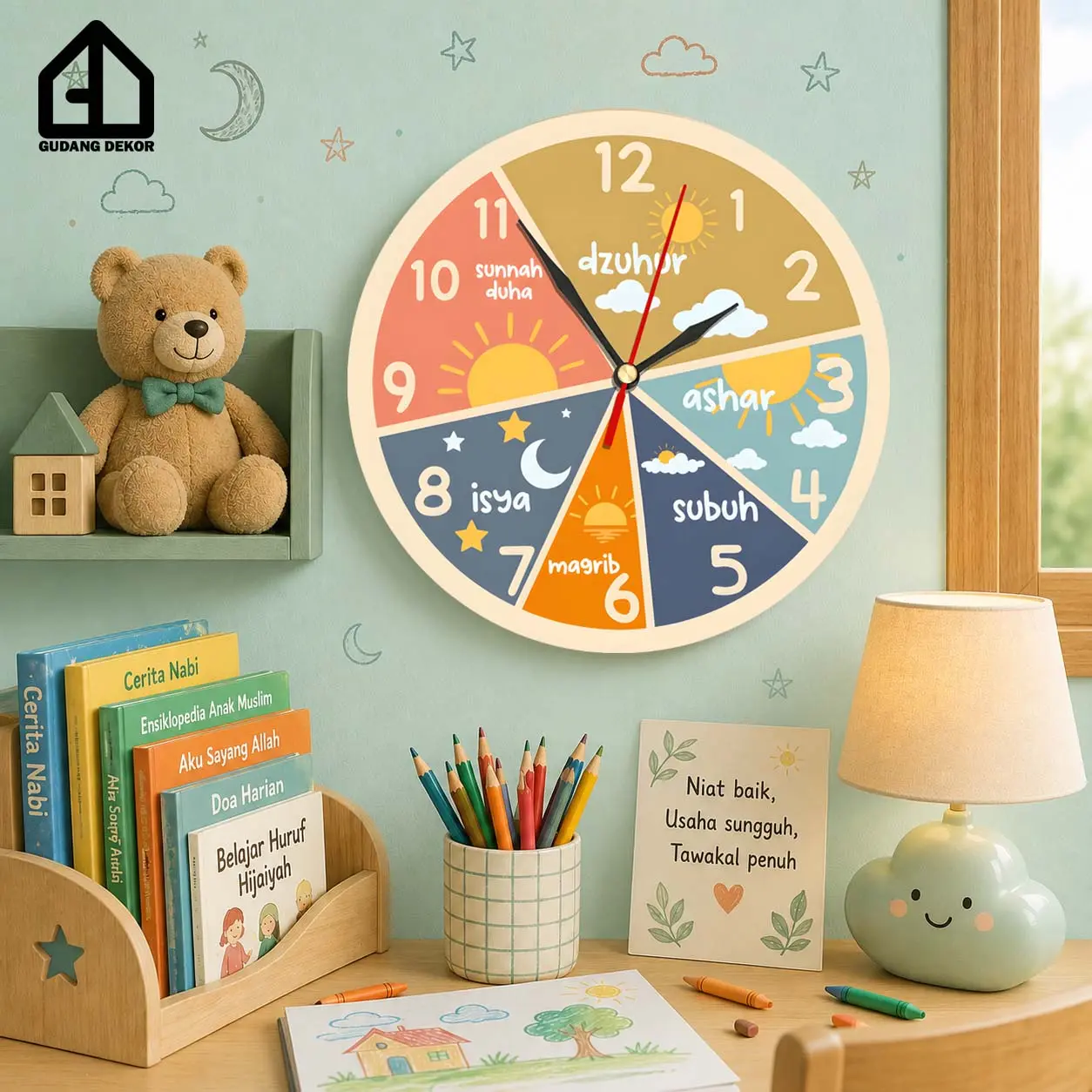Jam Dinding Edukasi Anak Sholat - Hiasan Dinding Kamar Anak aesthetic