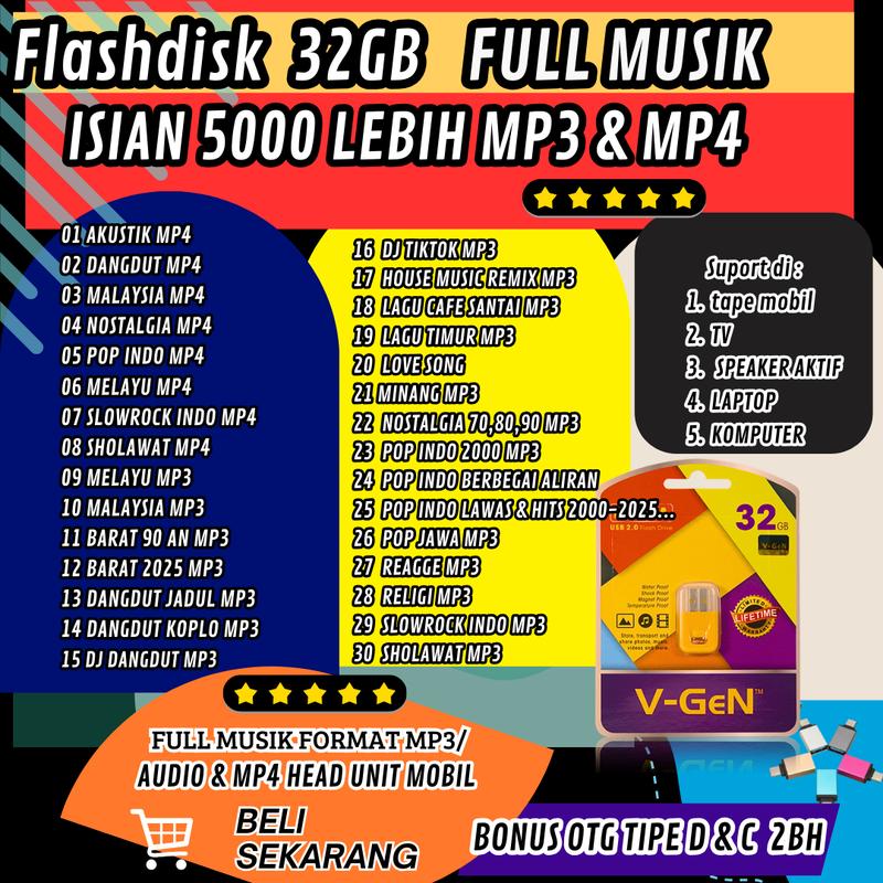 FLASHDISK MP3/MP4 FLASHDISK LAGU 32GB UNTUK SPEAKER MOBIL DJ