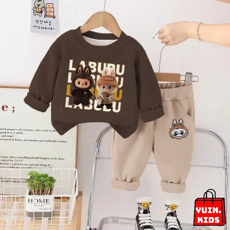 Setelan Anak Karakter Labubu Yuin - Crewneck dan Celana Jogger untuk Usia 1-5 Tahun - Unisex