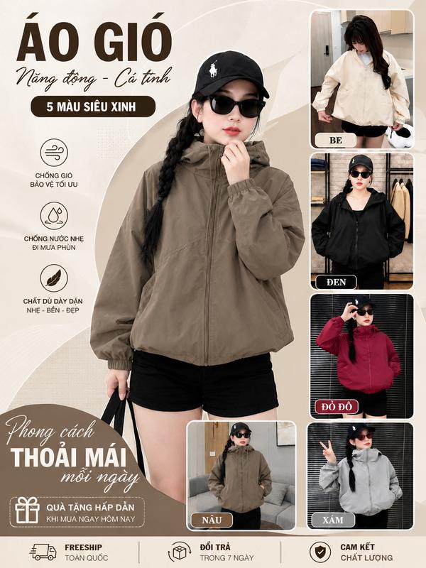 (Hàng hot 2026) Áo Gió Nữ Form Rộng 5 Màu Thời Trang – Áo Khoác Gió Có Mũ Chống Gió, Đi Mưa Nhẹ, Dáng Unisex