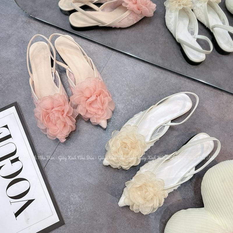  Giày cao gót - Giày bệt hoá hoa bản to   bb23   dây quai sau đi 2 kiểu   Chuẩn size   3 màu đen hồng kem 