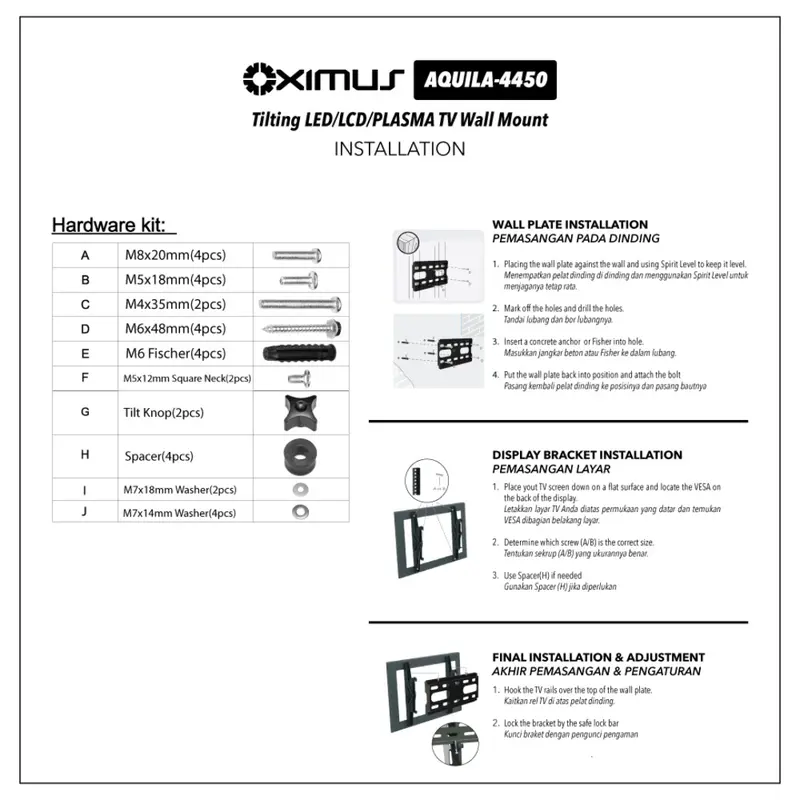 BRACKET TV LED LCD MONITOR 23"-55" OXIMUS AQUILA 4450 WALL MOUNT TILT 3