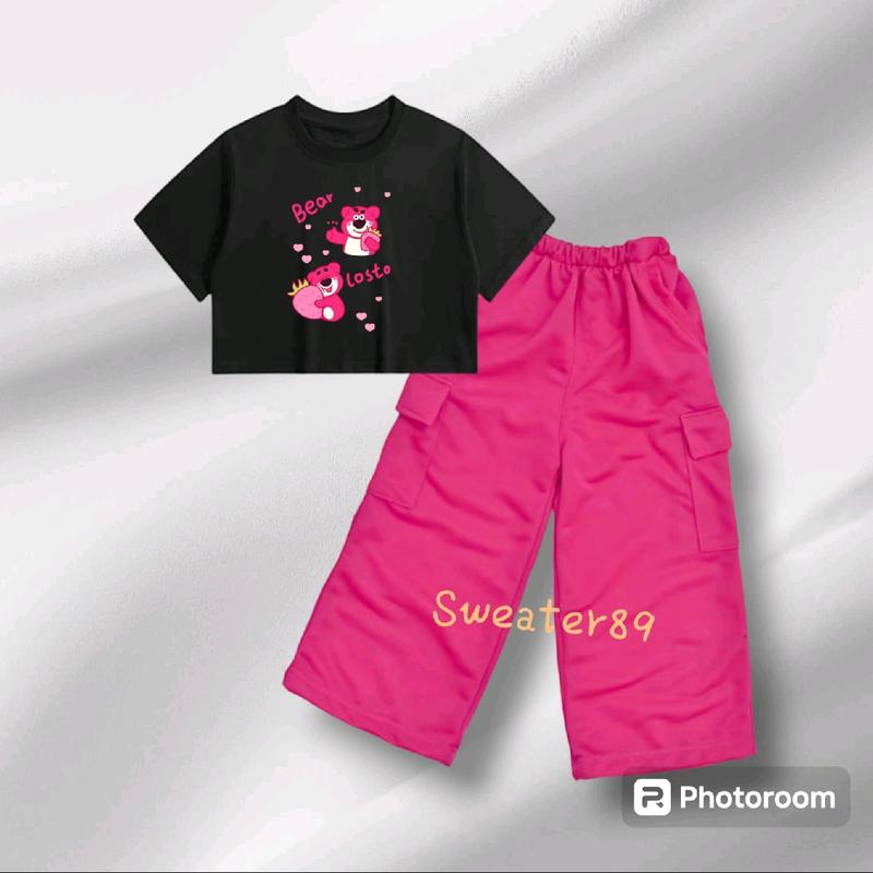 Setelan Anak Umur 5-12 Tahun Kaos CROP Dan Celana Cargo BEAR LOTSO Baju Perempuan Fashion 2