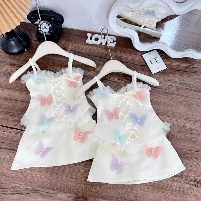 S50- Set áo hai dây cánh bướm màu sắc kèm chân váy thun m đính bướm xinh đẹp màu kem 7-34kg dưới 1m35