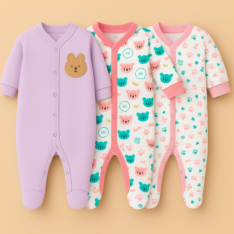  COMBO body sleep suit 3 bộ áo liền tất bé GÁI họa tiết Gấu túi chất Cotton thấm hút mồ hôi thoáng khí thoải mái cho trẻ mới tập đi mặc mùa hè thu cho trẻ sơ sinh. ĐƯỢC TẶNG KÈM MÓC. Kem 