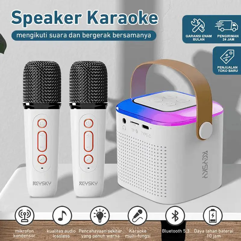 Speaker mic 2 karaoke full bass Bluetooth wireless portable mini (can connect to HP/TV)