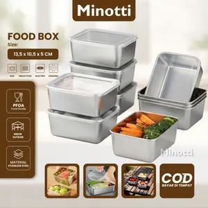 Minotti Kotak Makan Siang Persegi Wadah Penyimpanan Makanan dengan Tutup, Wadah Makanan Ringan Logam Kulkas, Baja Tahan Karat 304, Kotak Penyimpanan Praktis Piknik Luar Ruangan  food box stainless