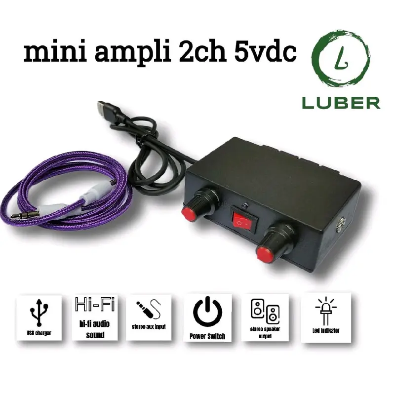 amplifier miniatur 2 channel 5vdc  dengan colokan aux input 3,5 5