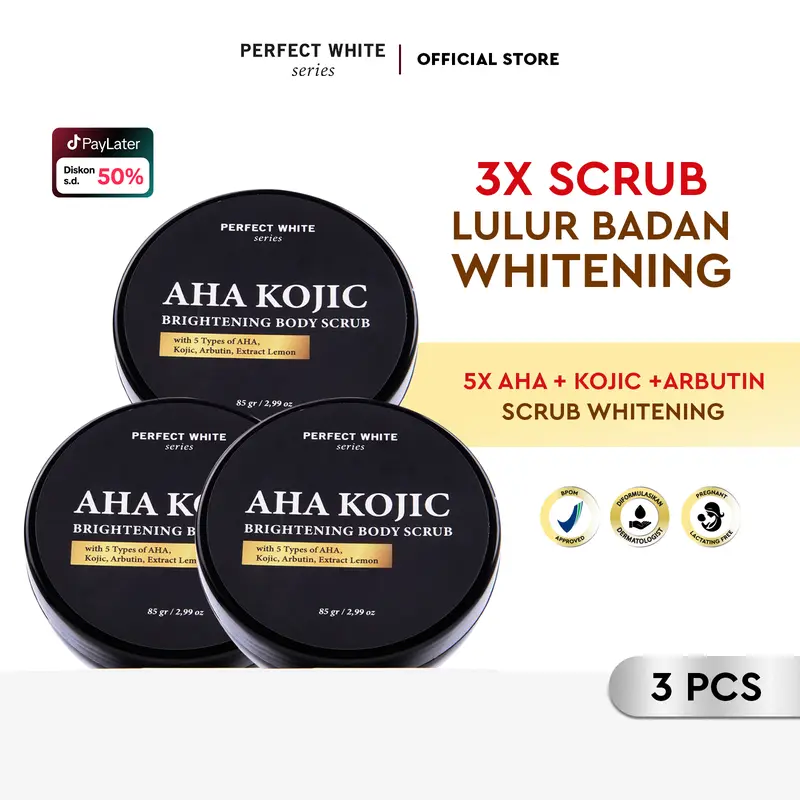 [3pcs] PERFECT WHITE AHA Kojic Brightening Body Scrub | Perontok Lulur Pemutih Mencerahkan Pencerah Lightening Tubuh with Glycolic Kojic Acid Atasi Noda Hitam Perawatan Mandi 0
