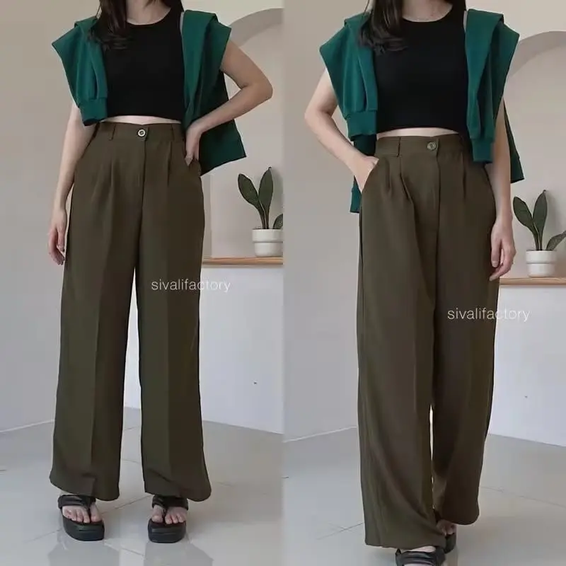 kulot losee pants - celana warna ivory wanita -  Korean Style Wanita Kekinian - Celana Kulot Panjang Dewasa - Fashion Wanita Cantik